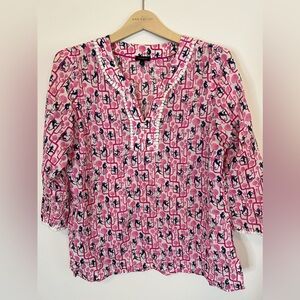 Talbots Monkey Print Tunic Top Embroidered Pink Medium